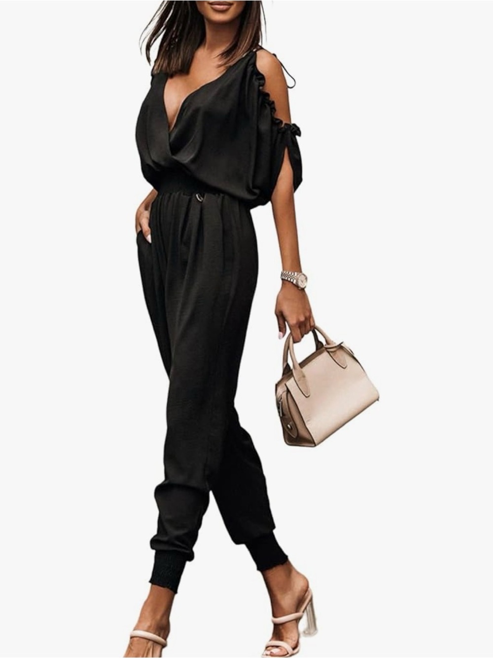 Dokotoo Black Cold-Shoulder Jumpsuit Jogger for Women NWT Large
